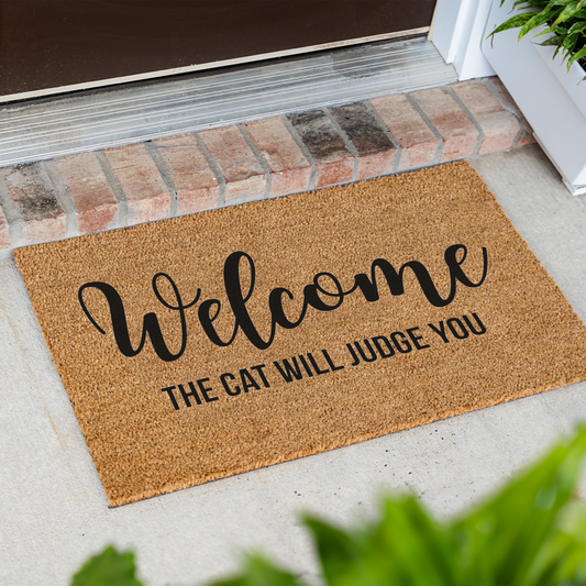 Welcome The Cat Will Judge You Doormat, Funny Cat Welcome Mat, Cat Lover Gift, Cat Owner Door Mat, Humorous Housewarming Front Door Decor