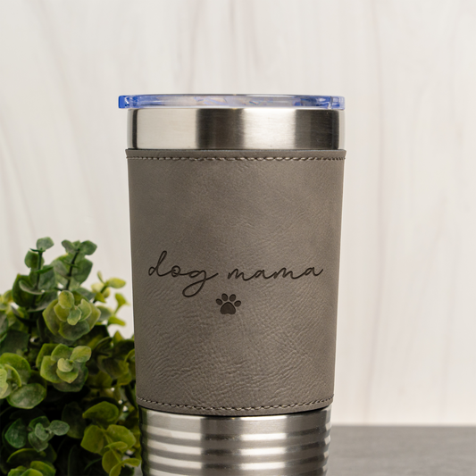 20oz Leather Wrapped Tumbler, Dog Mama Design, Insulated Travel Mug