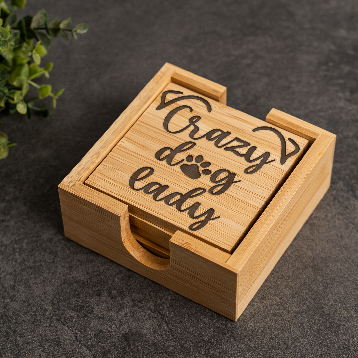 Crazy Dog Lady Bamboo Coaster Set | Funny Dog Lover Coasters with Holder | Rustic Pet Lover Drink Coasters | Dog Mom Gift
