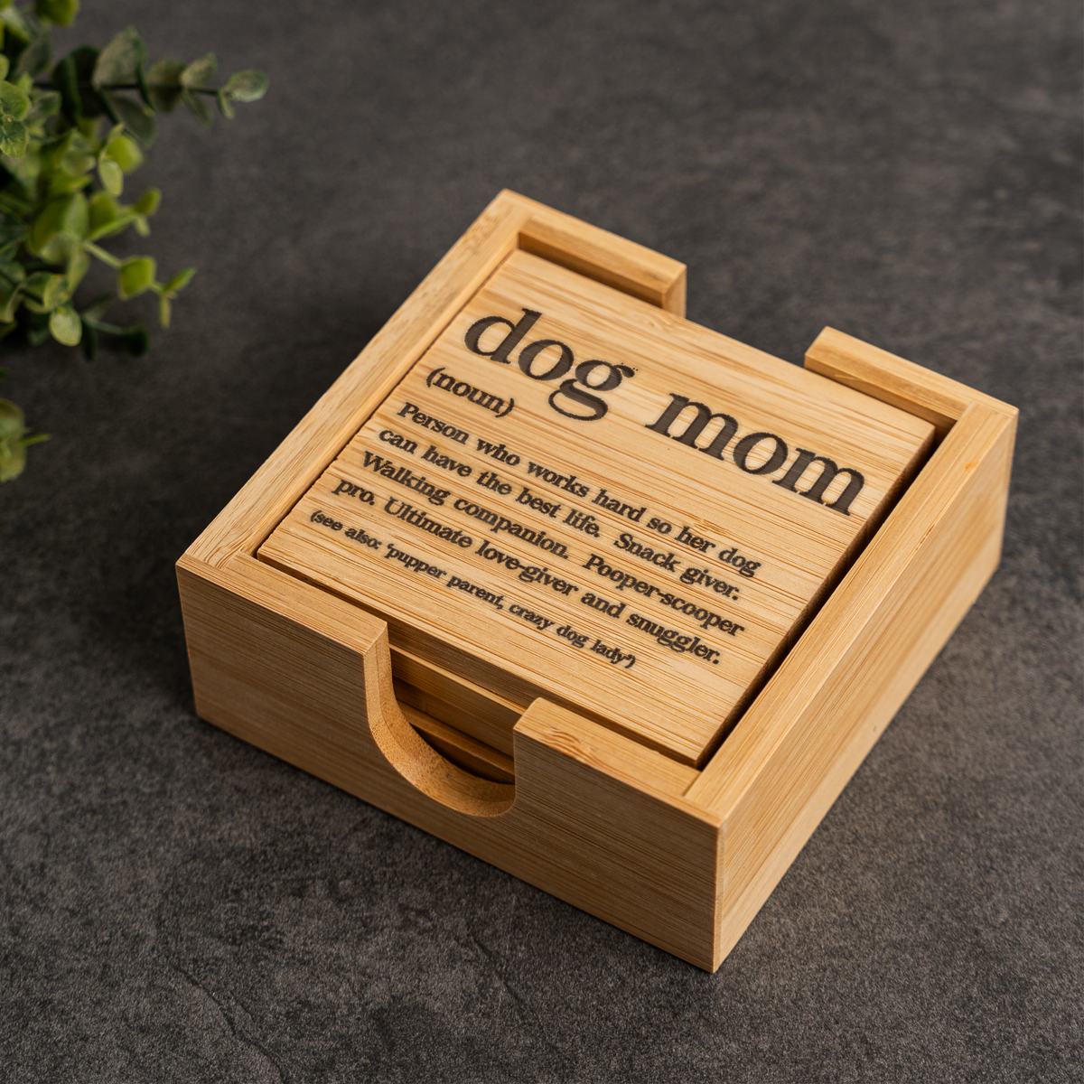 Dog Mom Bamboo Coaster Set | Funny Dog Mom Definition Coasters with Holder | Pet Lover Drink Coasters | Housewarming Gift | Dog Lover Decor