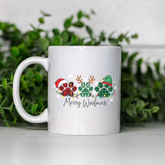 Merry Woofmas Christmas Mug, Dog Lover Christmas Coffee Cup, Cute Paw Print Holiday Mug, Dog Mom Gift, Festive Christmas Dog Mug
