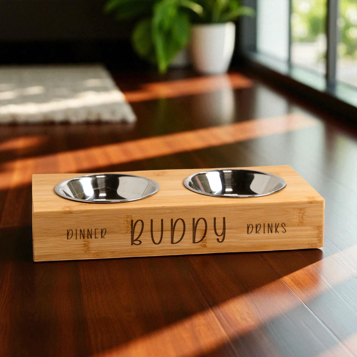 Personalized Wood Pet Feeding Stand with Dog Bowls