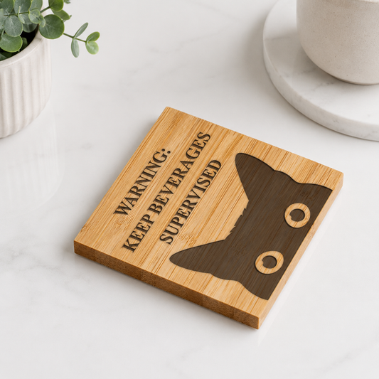 Warning: Keep Beverages Supervised Bamboo Coaster Set