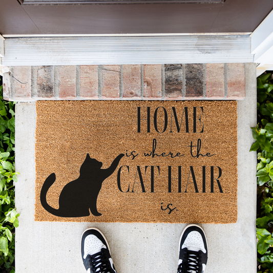 Home Is Where the Cat Hair Is Doormat, Funny Cat Welcome Mat, Cat Lover Gift, Black Cat Door Mat, Pet Owner Housewarming Front Door Decor