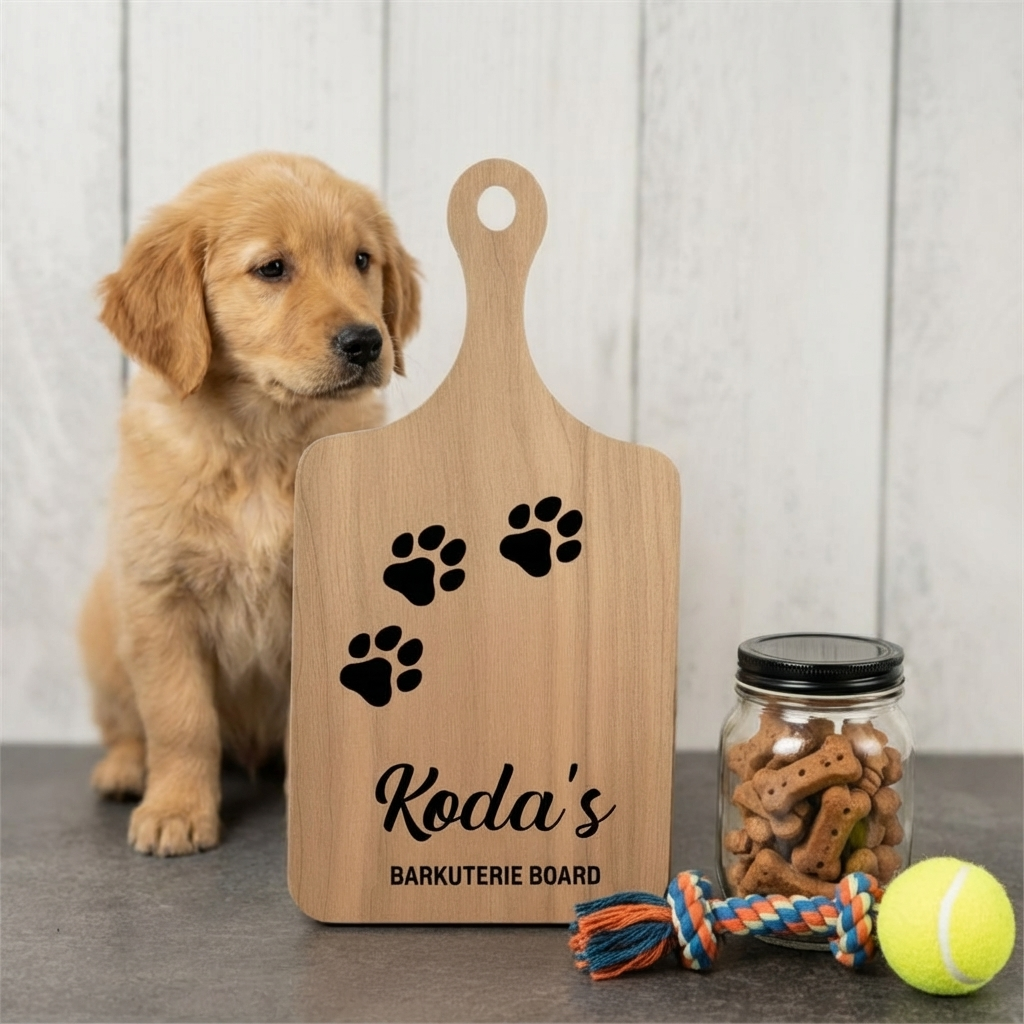 Barkuterie Cutting Board - With a puppy in the background - 12/12/2025