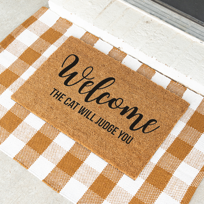 Welcome The Cat Will Judge You Doormat, Funny Cat Welcome Mat, Cat Lover Gift, Cat Owner Door Mat, Humorous Housewarming Front Door Decor