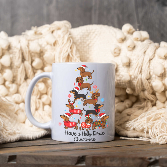 Have a Holly Doxie Christmas Mug, Dachshund Christmas Coffee Cup, Funny Wiener Dog Holiday Mug, Dog Lover Christmas Gift, Festive Dog Mug