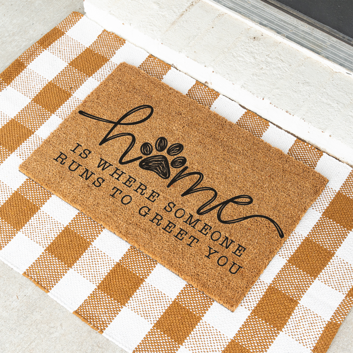 Funny Dog Welcome Doormat, Home Is Where Someone Runs to Greet You, Dog Lover Front Door Mat, Cute Paw Print Porch Decor, Dog Mom Gift