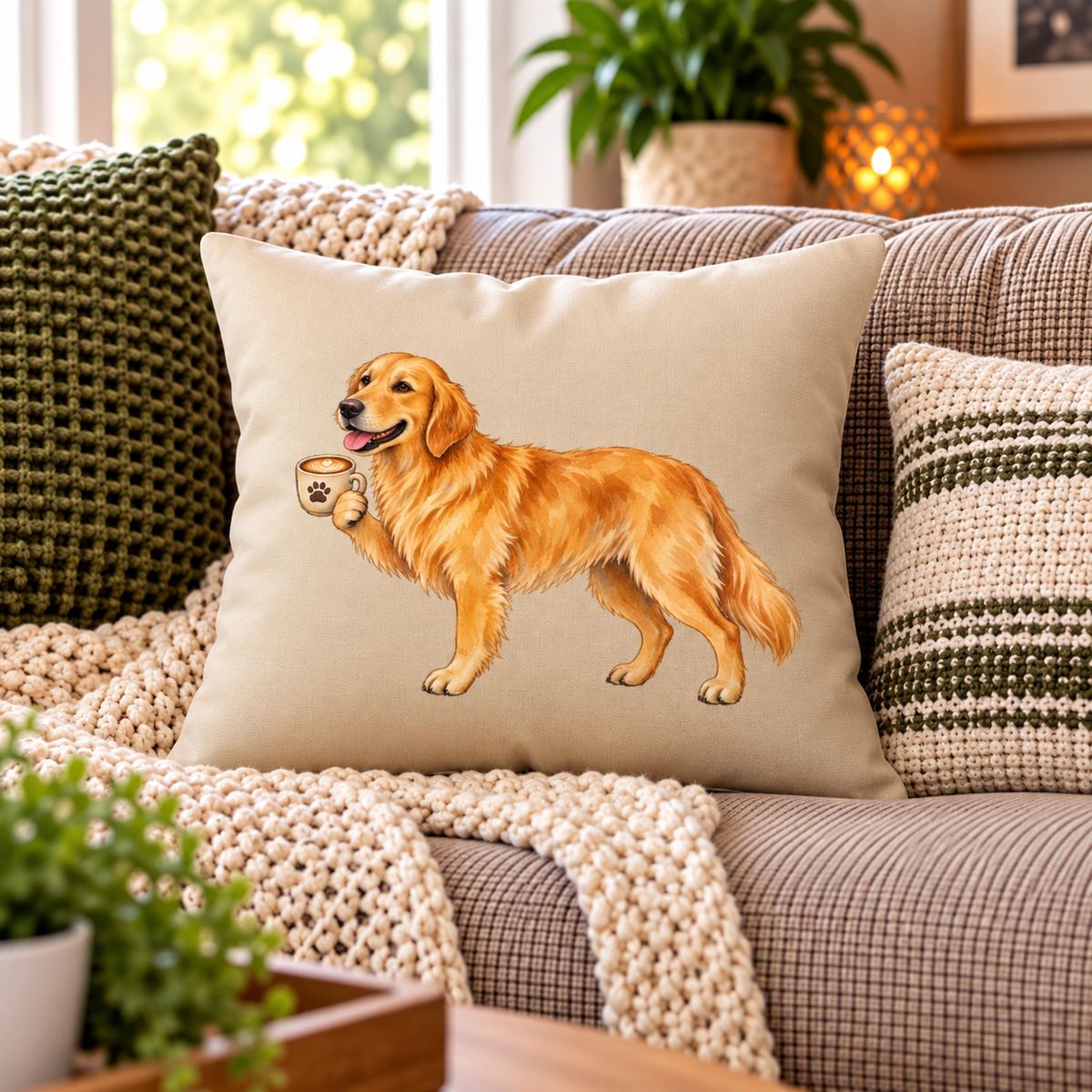 Golden Retriever Holding Different Drinks Pillow Case