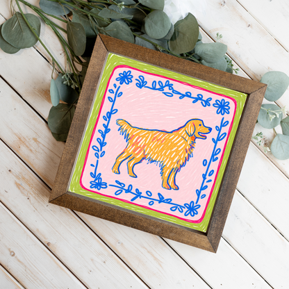 Golden Retriever Framed Wall Art, Colorful Dog Lover Decor, Preppy Golden Retriever Print, Cute Dog Mom Gift, Whimsical Pet Art, Dog Room Si