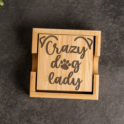 Crazy Dog Lady Bamboo Coaster Set | Funny Dog Lover Coasters with Holder | Rustic Pet Lover Drink Coasters | Dog Mom Gift