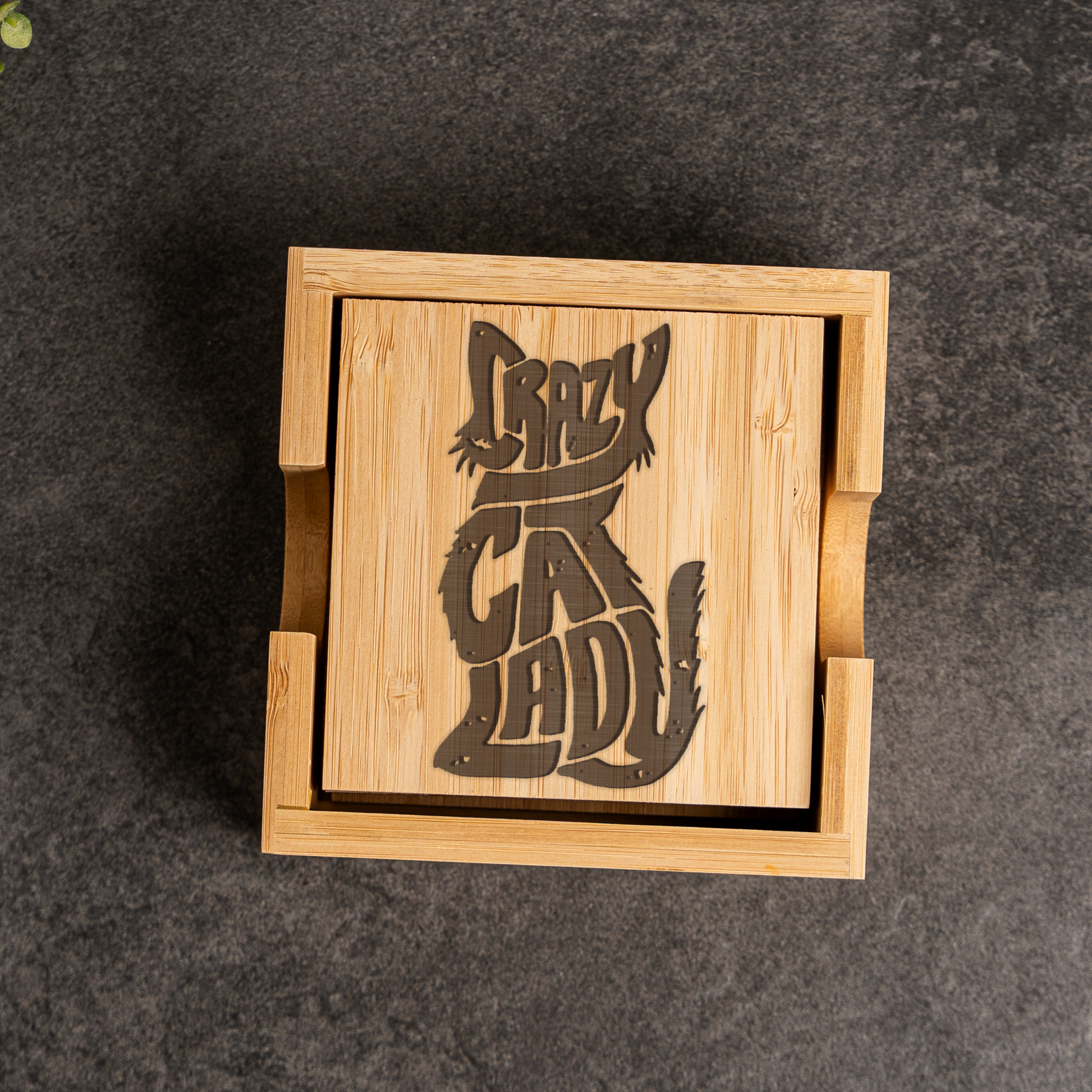 Bamboo Coaster Set With Holder, Crazy Cat Lady Design, Eco-Friendly Drink Coasters for Cat Lovers
