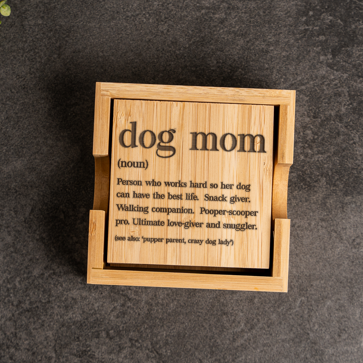 Dog Mom Bamboo Coaster Set | Funny Dog Mom Definition Coasters with Holder | Pet Lover Drink Coasters | Housewarming Gift | Dog Lover Decor