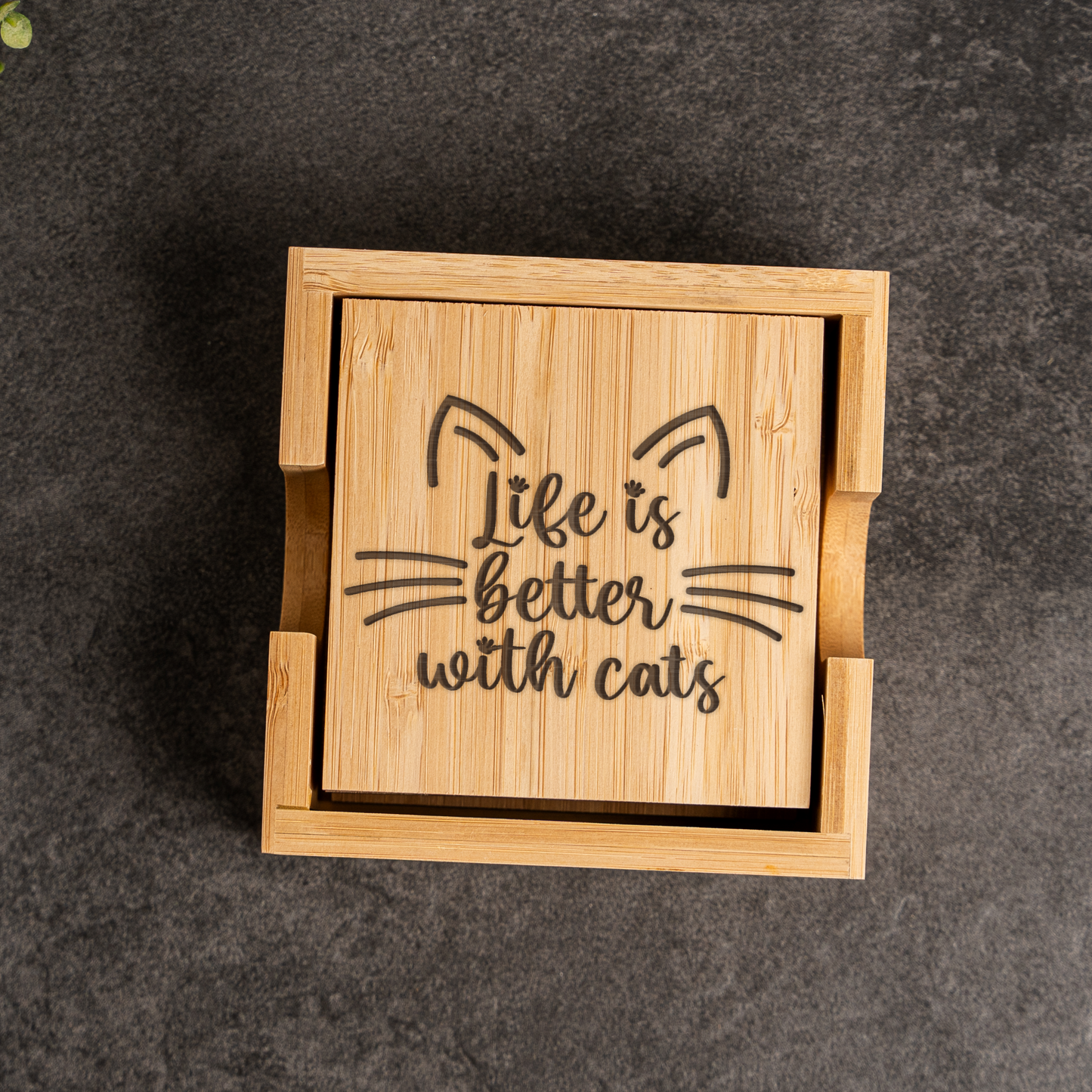 Bamboo Coaster Set With Holder, Cat Lovers Gift, Life is Better with Cats Design, Eco-Friendly Decor