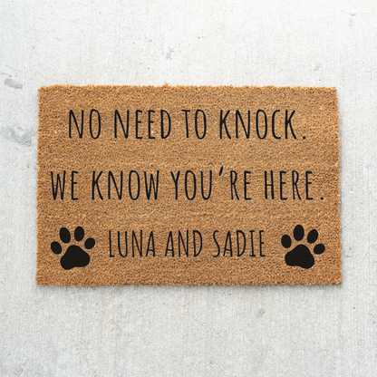 Personalized Pet Doormat, No Need to Knock We Know You’re Here, Custom Pet Name Welcome Mat, Paw Print Door Mat, Funny Pet Lover Gift