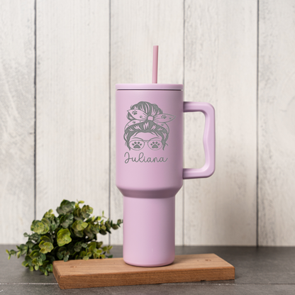 Personalized Dog Mom 40 oz Tumbler | Custom Dog Lover Travel Mug | Messy Bun Paw Print Tumbler | Personalized Pet Mom Cup