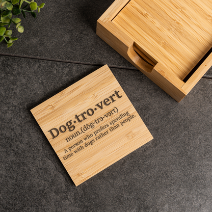Bamboo Coaster Set With Holder, Dogtrovert Design, Eco-Friendly Home Decor
