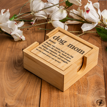 Dog Mom Bamboo Coaster Set | Funny Dog Mom Definition Coasters with Holder | Pet Lover Drink Coasters | Housewarming Gift | Dog Lover Decor