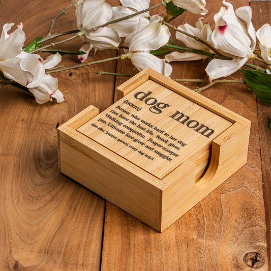 Dog Mom Bamboo Coaster Set | Funny Dog Mom Definition Coasters with Holder | Pet Lover Drink Coasters | Housewarming Gift | Dog Lover Decor