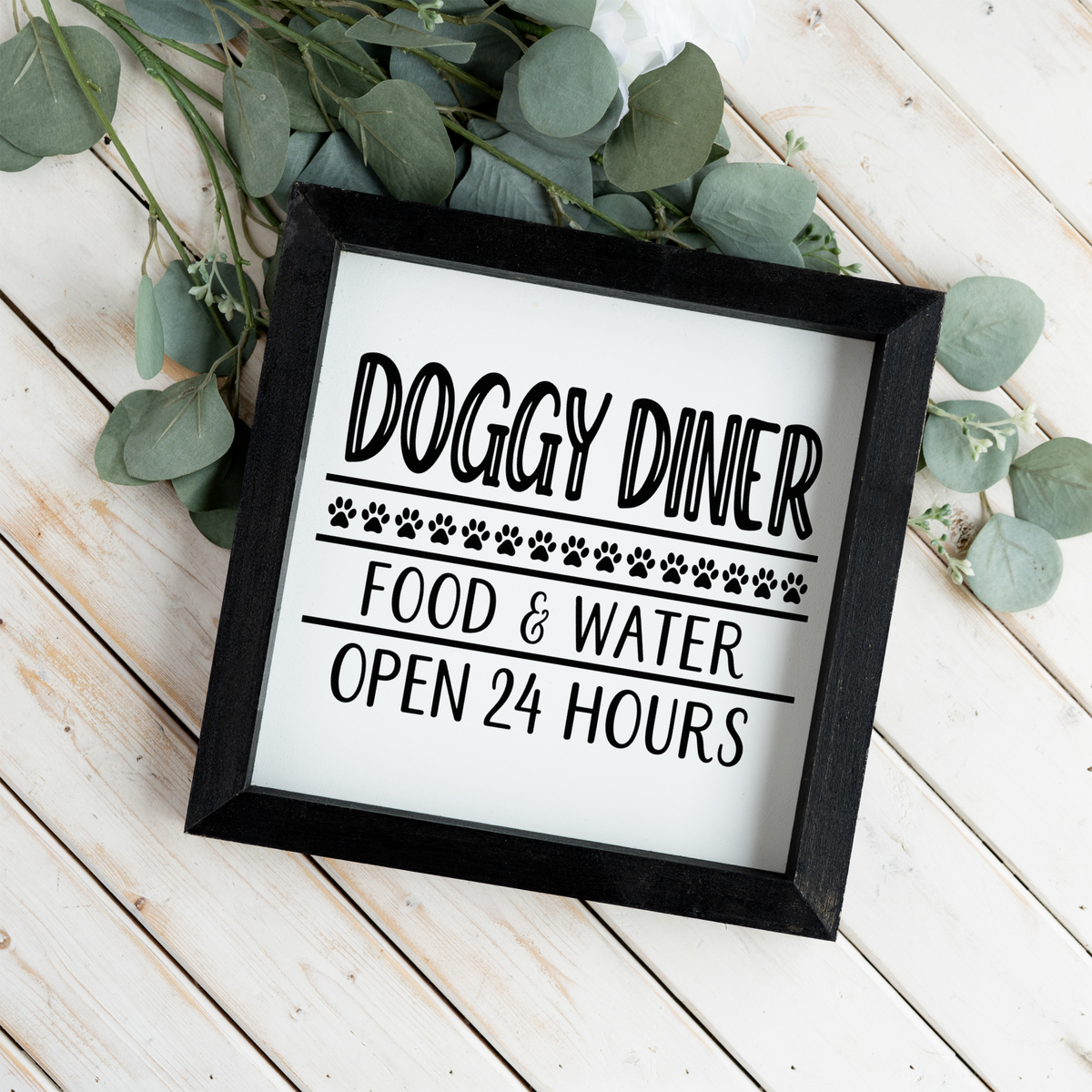 Doggy Diner Sign, Funny Dog Kitchen Decor, Dog Food and Water Sign, Dog Lover Gift, Pet Feeding Station Decor, Framed Dog Sign, Paw Prints