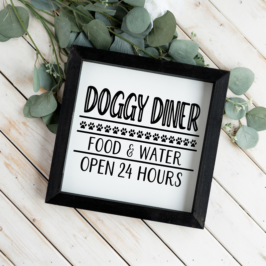 Doggy Diner Sign, Funny Dog Kitchen Decor, Dog Food and Water Sign, Dog Lover Gift, Pet Feeding Station Decor, Framed Dog Sign, Paw Prints