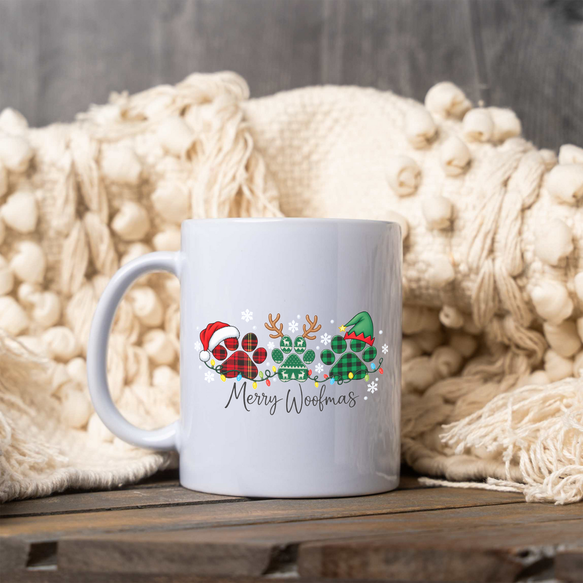 Merry Woofmas Christmas Mug, Dog Lover Christmas Coffee Cup, Cute Paw Print Holiday Mug, Dog Mom Gift, Festive Christmas Dog Mug