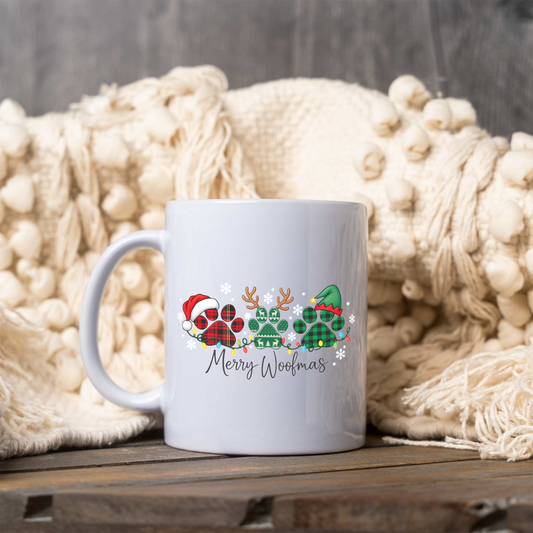 Merry Woofmas Christmas Mug, Dog Lover Christmas Coffee Cup, Cute Paw Print Holiday Mug, Dog Mom Gift, Festive Christmas Dog Mug