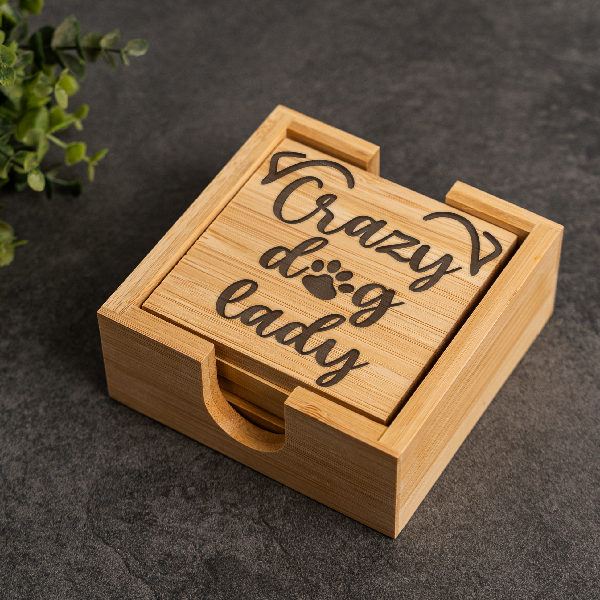 Crazy Dog Lady Bamboo Coaster Set | Funny Dog Lover Coasters with Holder | Rustic Pet Lover Drink Coasters | Dog Mom Gift
