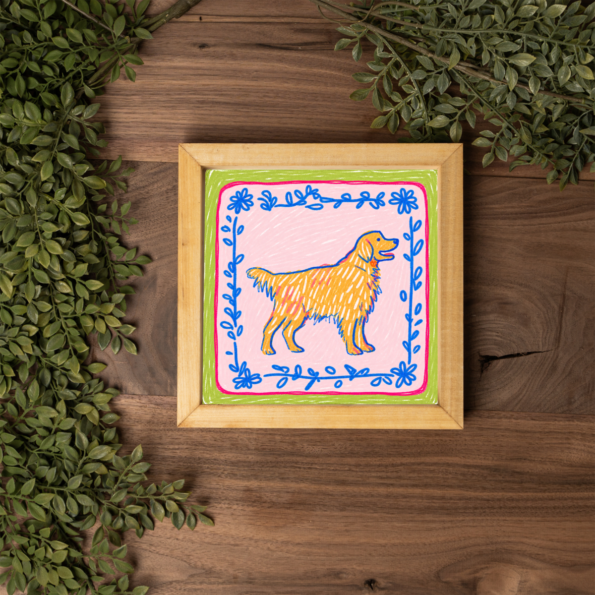 Golden Retriever Framed Wall Art, Colorful Dog Lover Decor, Preppy Golden Retriever Print, Cute Dog Mom Gift, Whimsical Pet Art, Dog Room Si