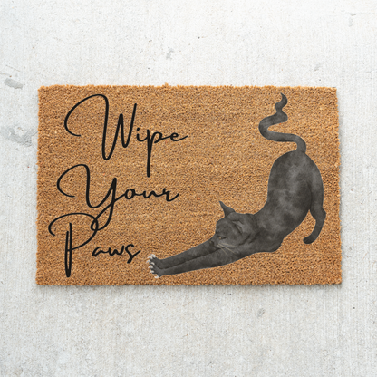 Funny Cat Doormat, Wipe Your Paws Welcome Mat, Black Cat Stretching Door Mat, Cat Lover Gift, Pet Owner Entryway Decor, Housewarming Gift