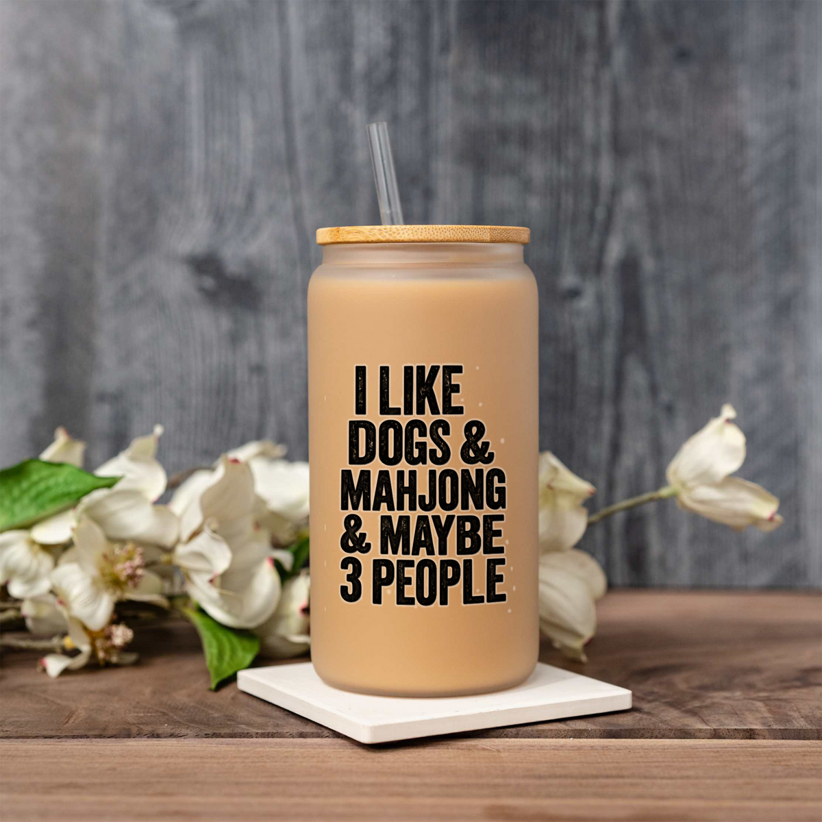 Mahjong Glass Can, I Like Dogs & Mahjong Cup, Funny Mahjong Gift, Dog Lover Iced Coffee Glass, Mahjong Player Gift, Game Night Tumbler