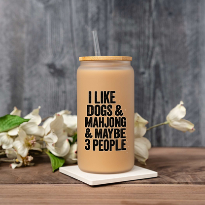 Mahjong Glass Can, I Like Dogs & Mahjong Cup, Funny Mahjong Gift, Dog Lover Iced Coffee Glass, Mahjong Player Gift, Game Night Tumbler