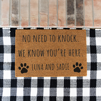 Personalized Pet Doormat, No Need to Knock We Know You’re Here, Custom Pet Name Welcome Mat, Paw Print Door Mat, Funny Pet Lover Gift