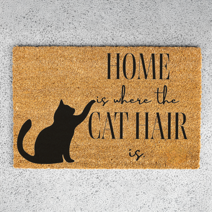 Home Is Where the Cat Hair Is Doormat, Funny Cat Welcome Mat, Cat Lover Gift, Black Cat Door Mat, Pet Owner Housewarming Front Door Decor