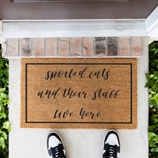 Spoiled Cats and Their Staff Live Here Doormat, Funny Cat Welcome Mat, Cat Lover Gift, Pet Owner Front Door Decor, Housewarming Gift