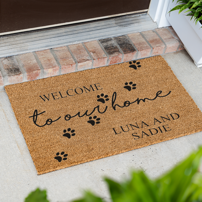 Personalized Pet Doormat, Welcome to Our Home Custom Pet Name Mat, Paw Print Door Mat, Dog Cat Lover Gift, Personalized Housewarming Decor