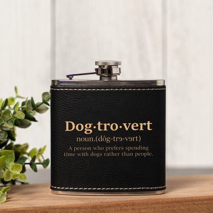 Leather Wrapped Flask 6oz Dog Lover Gift, Dog Trovert Flask for Pet Enthusiasts