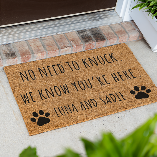 Personalized Pet Doormat, No Need to Knock We Know You’re Here, Custom Pet Name Welcome Mat, Paw Print Door Mat, Funny Pet Lover Gift