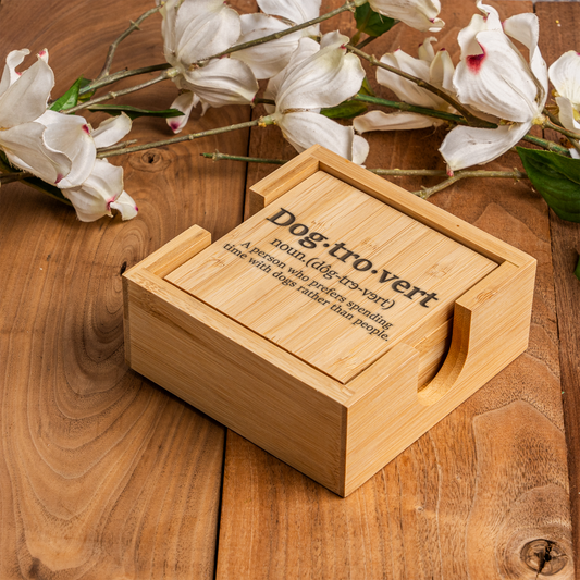 Bamboo Coaster Set With Holder, Dogtrovert Design, Eco-Friendly Home Decor