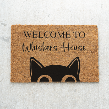 Personalized Cat Welcome Mat, Custom Cat Doormat, Welcome to Whiskers House Mat, Cat Lover Gift, Custom Pet Name Front Door Decor