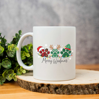 Merry Woofmas Christmas Mug, Dog Lover Christmas Coffee Cup, Cute Paw Print Holiday Mug, Dog Mom Gift, Festive Christmas Dog Mug