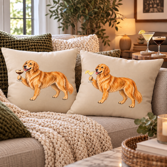 Golden Retriever Holding Different Drinks Pillow Case