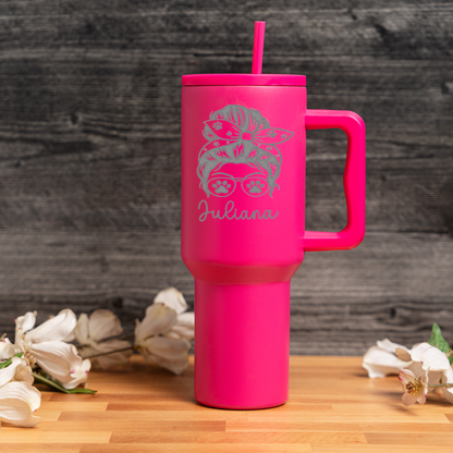 Personalized Dog Mom 40 oz Tumbler | Custom Dog Lover Travel Mug | Messy Bun Paw Print Tumbler | Personalized Pet Mom Cup
