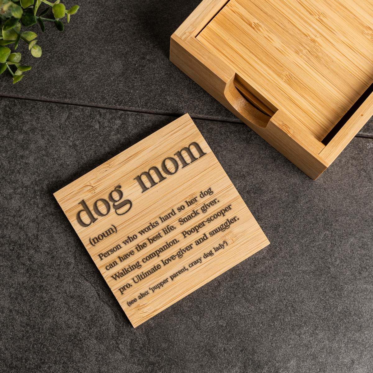 Dog Mom Bamboo Coaster Set | Funny Dog Mom Definition Coasters with Holder | Pet Lover Drink Coasters | Housewarming Gift | Dog Lover Decor