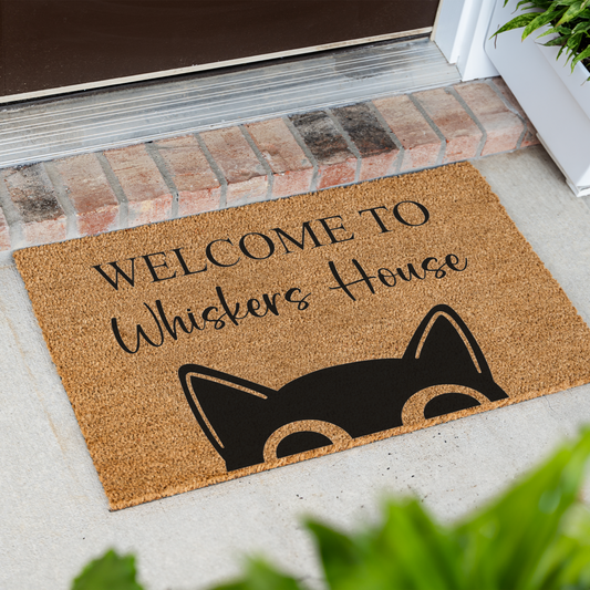 Personalized Cat Welcome Mat, Custom Cat Doormat, Welcome to Whiskers House Mat, Cat Lover Gift, Custom Pet Name Front Door Decor