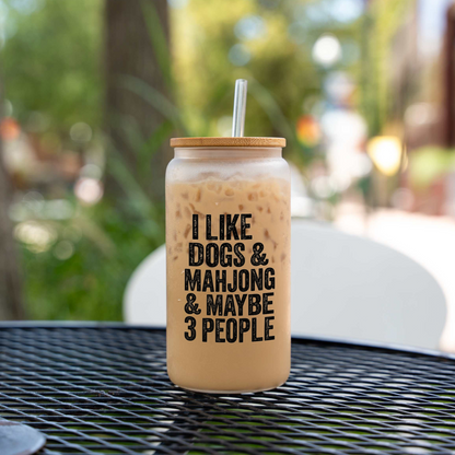 Mahjong Glass Can, I Like Dogs & Mahjong Cup, Funny Mahjong Gift, Dog Lover Iced Coffee Glass, Mahjong Player Gift, Game Night Tumbler