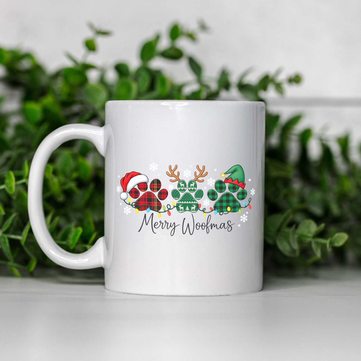 Merry Woofmas Christmas Mug, Dog Lover Christmas Coffee Cup, Cute Paw Print Holiday Mug, Dog Mom Gift, Festive Christmas Dog Mug