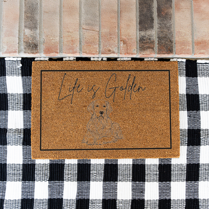 Life Is Golden Funny Dog Doormat, Dog Welcome Doormat, Funny Housewarming Gift, Modern Entryway Rug for Indoor Outdoor, Golden Retriever