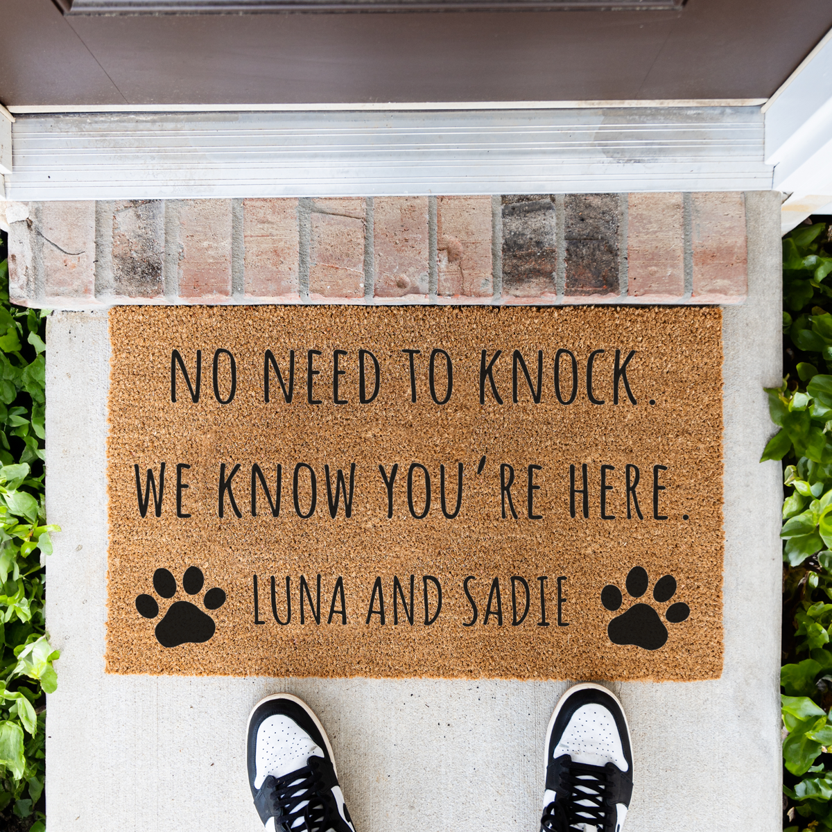 Personalized Pet Doormat, No Need to Knock We Know You’re Here, Custom Pet Name Welcome Mat, Paw Print Door Mat, Funny Pet Lover Gift