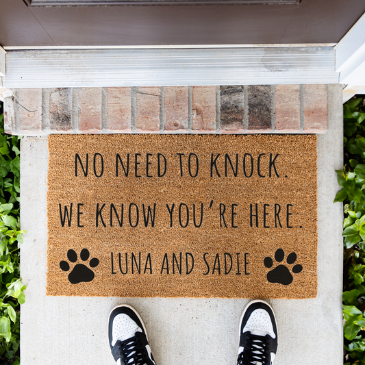 Personalized Pet Doormat, No Need to Knock We Know You’re Here, Custom Pet Name Welcome Mat, Paw Print Door Mat, Funny Pet Lover Gift